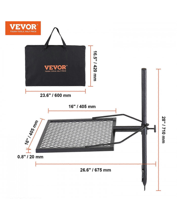 Pivotant Campfire Grill Heavy Duty Steel Open Fire Cooking Grate réglable