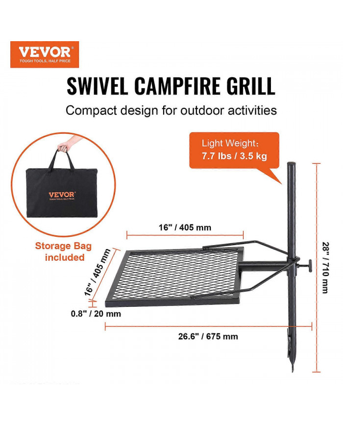 Pivotant Campfire Grill Heavy Duty Steel Open Fire Cooking Grate réglable
