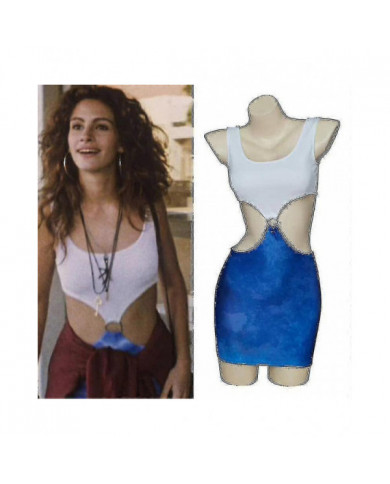2023 Film Jolie Femme Julia Roberts Cosplay Vivian Ward Sexy Bleu Taille Nue Tie-dye Découpe Robe