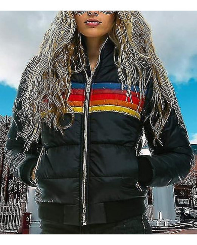 Femmes Arc-en-ciel Zip-up Hiver Down Casual Rayé Capuche Doudoune
