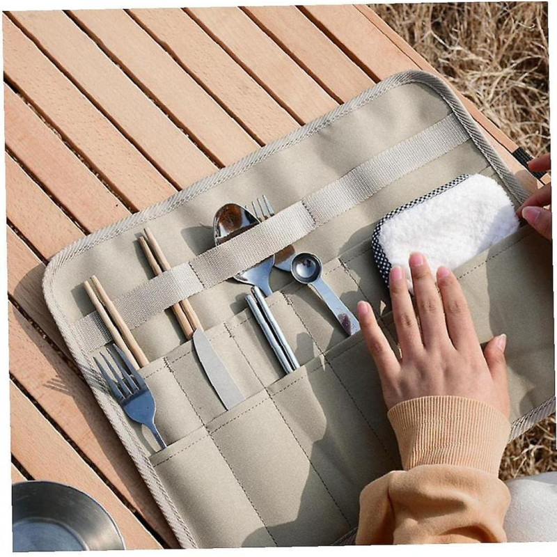 Outdoor Cutlery Roll Bag Holder Camping Portable Folding Tableware Storage Bag For Chopsticks Cutter(Khaki)(1Pcs)