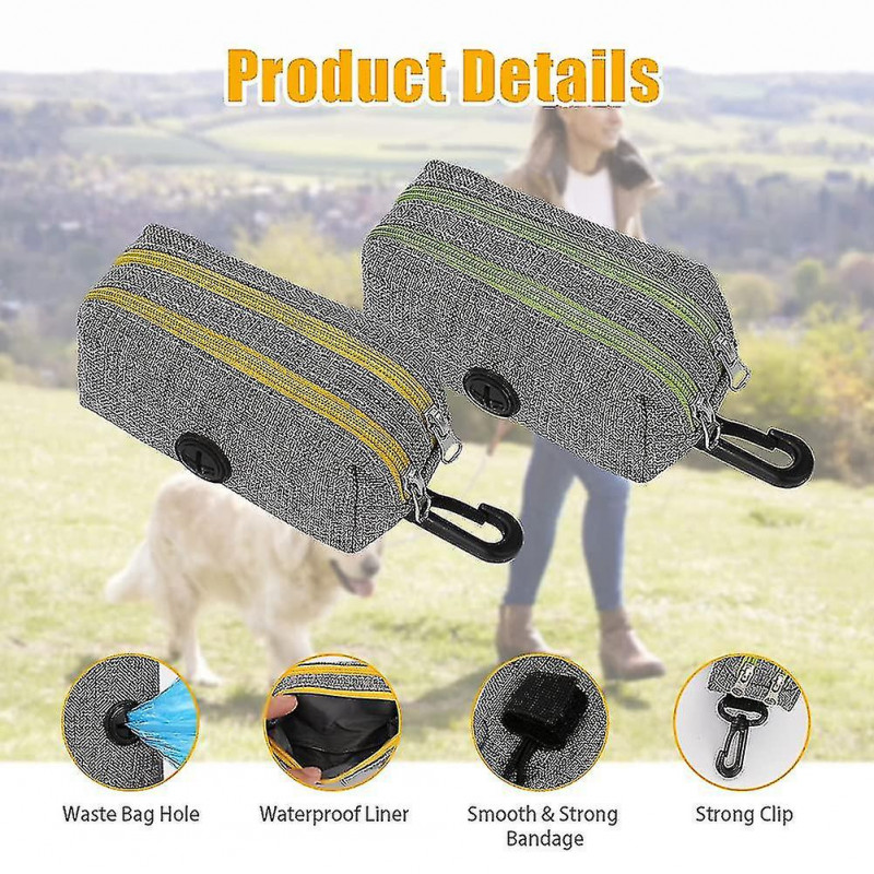 Dog Poop Bag Holder Pet Litter Bag Dispenser With 2 Zippers, Spring Fasteners And Durable (2 Pieces) Grey