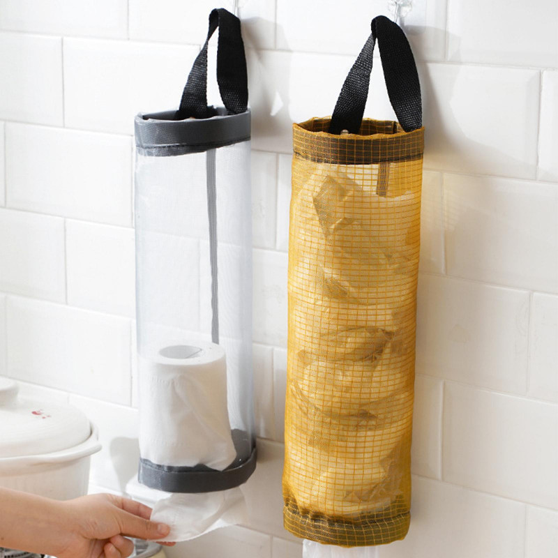 5pcs Mesh Grocery Bag Holder Hanging Storage Bag Distributeur Pliable Lavable Hanging Bag Organizer pour la cuisine