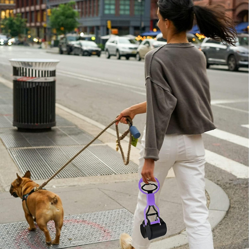 LINJOU Pet Dog Pooper Scooper, with Jaw Claw, Bin for Easy Grass and Gravel (Purple)