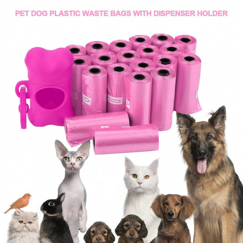Pet Dog Waste Bags with Bone Shape Dispenser Holder 20 Rolls Plastic Trash Bags Pink