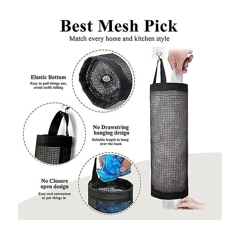 Wabjtam Plastic Bag Holder, Mesh Grocery Bag Holder Hanging Storage Bag Dispenser (black 2 Packs)