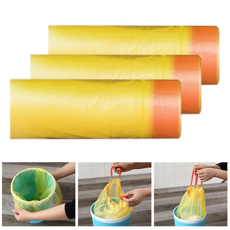 Yellow Drawstring Thick Garbage Bags for Bathroom Kitchen and Restaurant, 3 Rolls Portable Rubbish Bags
