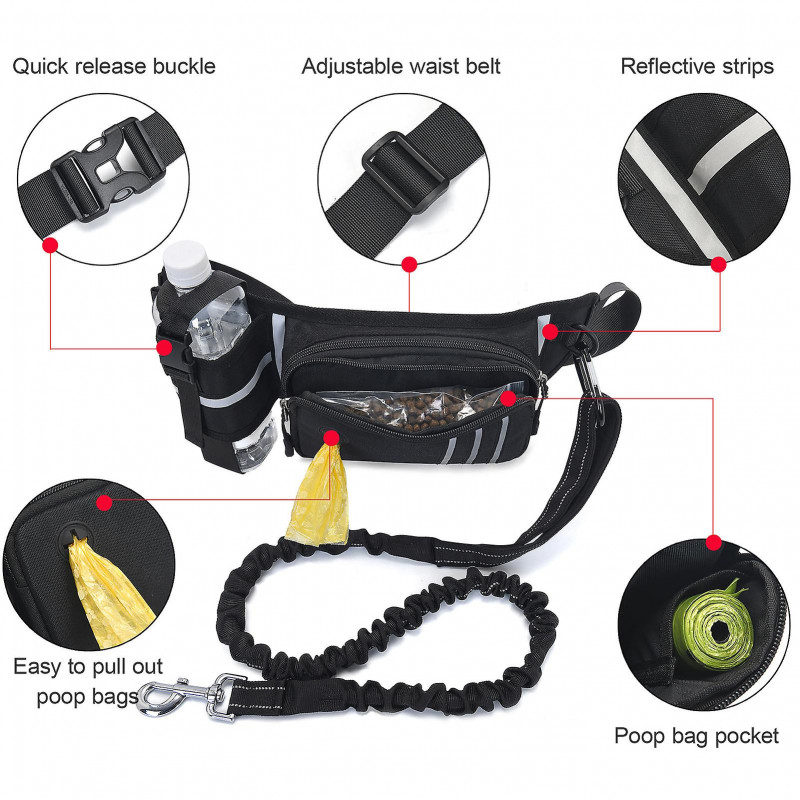 Hands Free Dog Leash Waist Bag Reflective Waist Pouch with Retractable Bungees Poop Bag Dispenser Pouch Adjustable [...]
