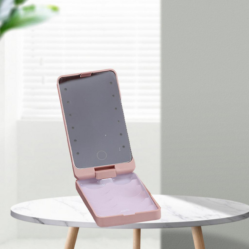 360 Rotation False Eyelash Holder Storage Case With Led Light Mirror Pink