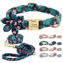 3pcs/set Personalized Dog Collar & Leash & Poop Bag Holder Dispenser Flower Xs-l