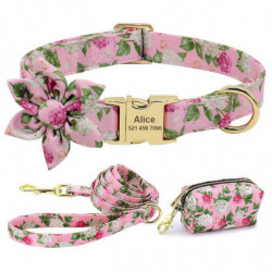 3pcs/set Personalized Dog Collar & Leash & Poop Bag Holder Dispenser Flower Xs-l