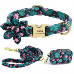 3pcs/set Personalized Dog Collar & Leash & Poop Bag Holder Dispenser Flower Xs-l