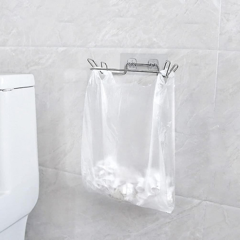 Stainless Steel Trash Bag Holder Adhesive Hanging Trash Garbage Bag Holder For Kitchen Cupboard Door (silver 2pcs)