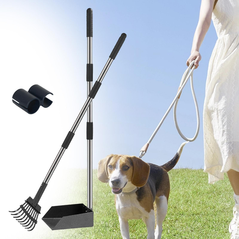 Dog Poo Scooper Tray and Rake Set, Poo Scooper, Heavy Duty Long Handle Dog Poo Scooper for Pet Waste Removal