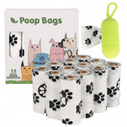 12 Rolls Dog Paw Pattern HDPE+EPI / D2W Eco-friendly Pet Dog Poop Waste Bags with Dispenser - White