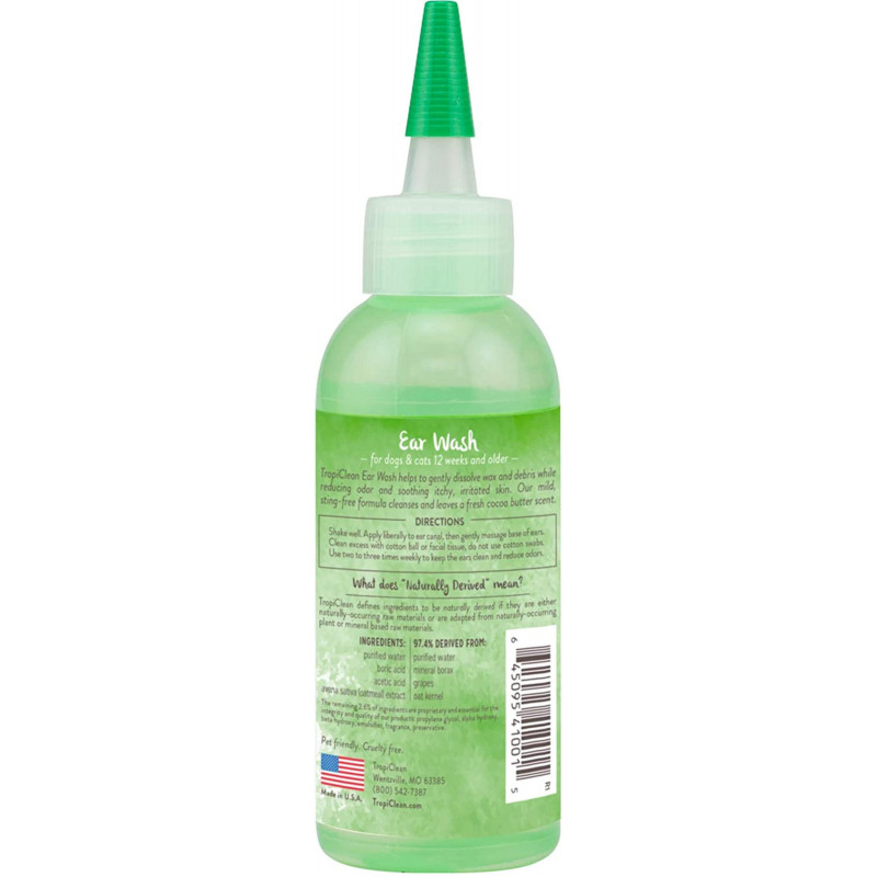 TropiClean Nettoyant pour les oreilles sans alcool pour animaux de compagnie Beurre de cacao, 118 ml