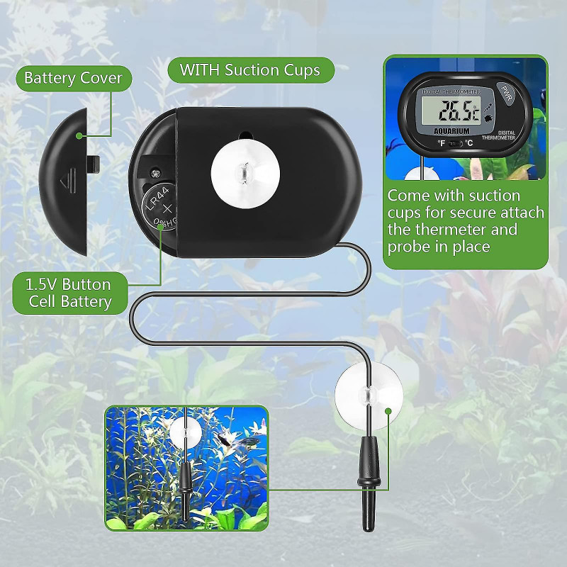 Digital Lcd Aquarium Thermometer With Suction Cups And Waterproof Probe For Fish Tank Reptile Terrarium 2 Pieces