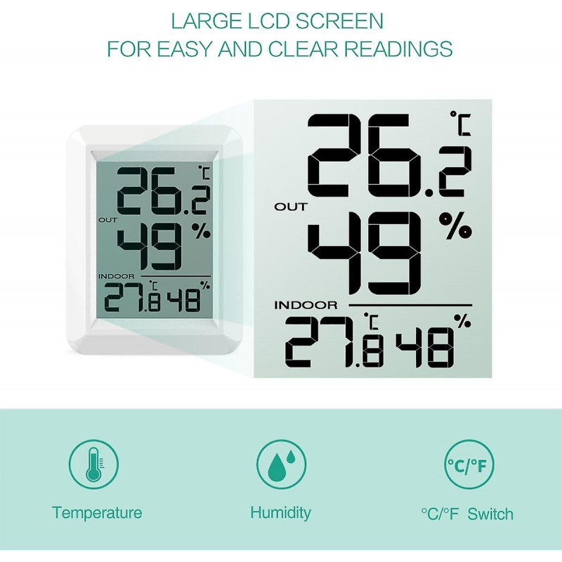Digital Temperature And Humidity Monitor With Outdoor Sensor - Large Lcd Display
