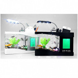 Mini Usb Desktop Aquarium Lcd Display Fish Tank Clock Led Lamp Light Black
