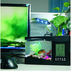 Mini Usb Desktop Aquarium Lcd Display Fish Tank Clock Led Lamp Light Black