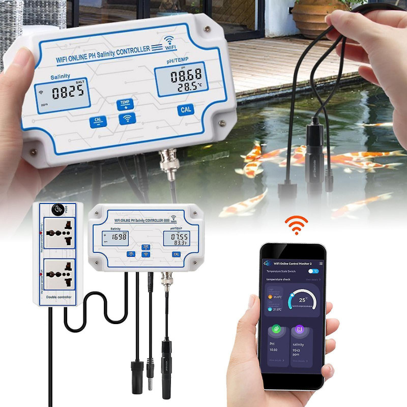 Wifi Ph Salinity Controller Meter Aquarium Tank Seawater Salt Testeur Monitor Set Fp