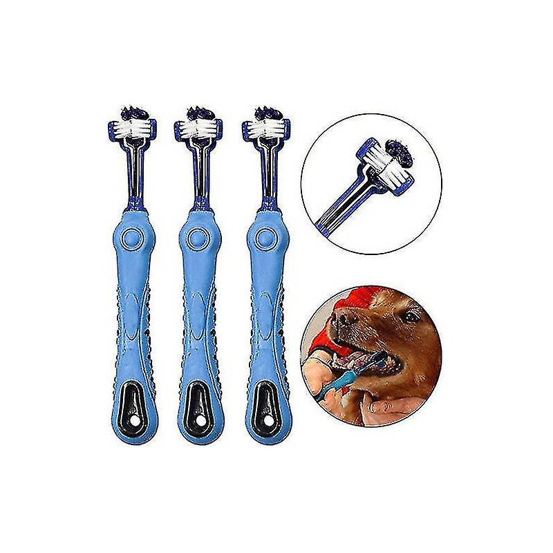 Pet Dog Toothbrush Teeth Care - Three Heads Toothbrush - Vets And Groomers Recommended (blue)
