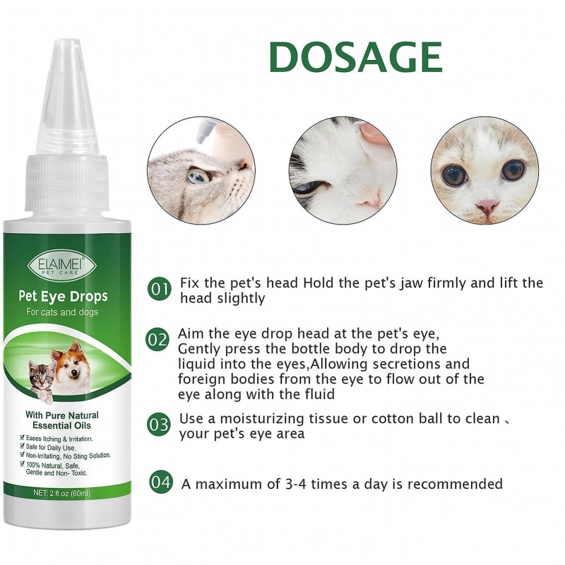 1 Bouteille 60ml Pet Eye Drops Dog Cat Tearing Stain Removal Dirt Stain Remover Anti-inflammatory Eye Care Cleaner