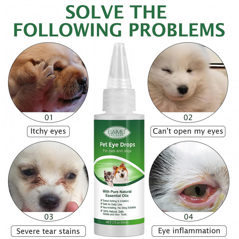 1 Bouteille 60ml Pet Eye Drops Dog Cat Tearing Stain Removal Dirt Stain Remover Anti-inflammatory Eye Care Cleaner