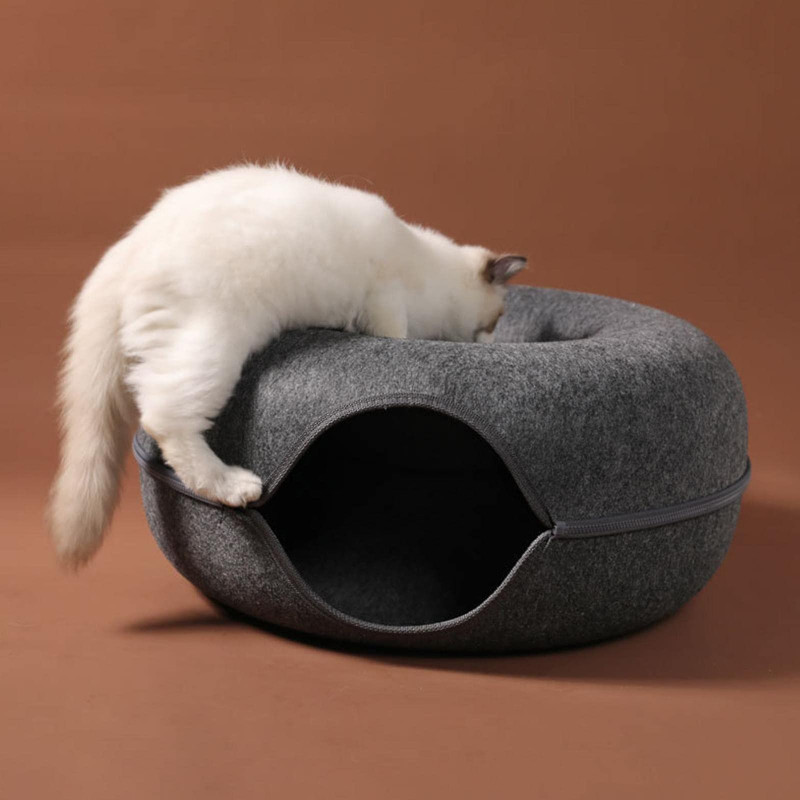 Amovible Cat Nest Rond Feutre Pet Nest Cat Tunnel Lit Semi-fermé Lavable Cat Tunnel Nest
