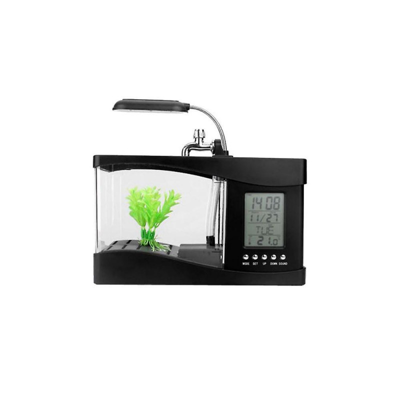 Mini Usb Desktop Aquarium Lcd Display Fish Tank Clock Led Lampe Light Black