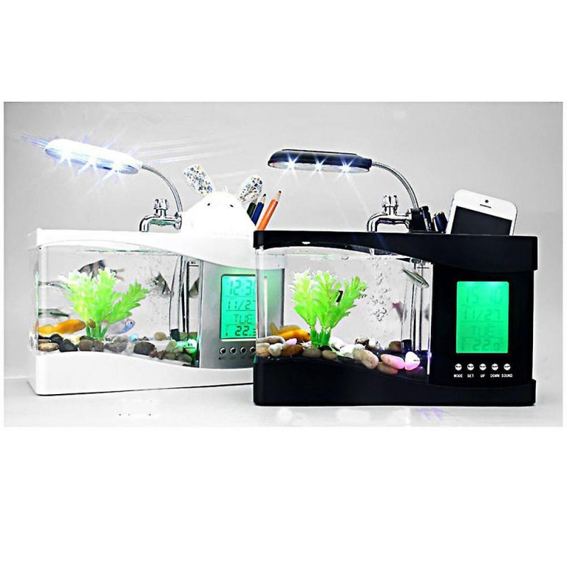 Mini Usb Desktop Aquarium Lcd Display Fish Tank Clock Led Lampe Light Black