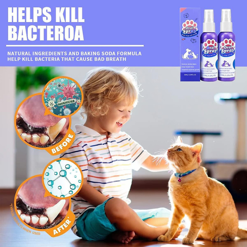 Teeth cleaning spray, breath freshening spray for cats and dogs, bad breath and odor removal oral care solution