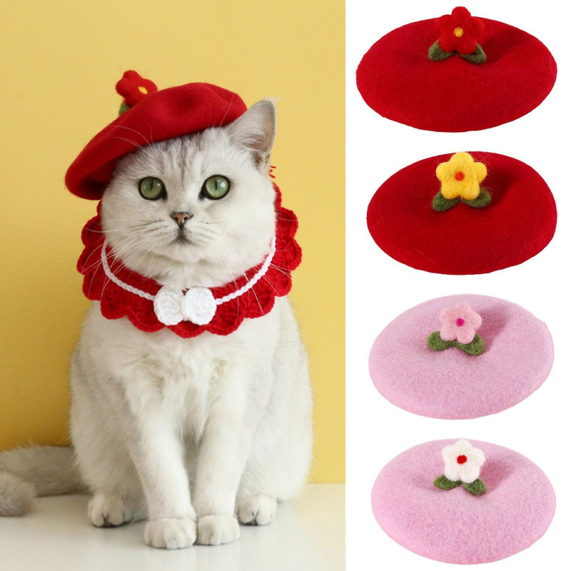 ZHOUBA Pet Headgear Lovely Elegant Soft Adorable Dress Up Wool Cute Flower Decoration Dogs Cap Beret