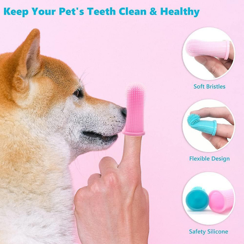 2PCS Toothbrush with Storage Case, Dog Teeth Cleaning Finger Brush (Pink+Blue) (4-D-W)