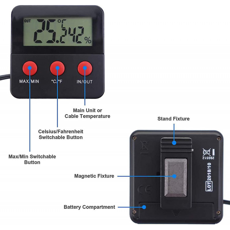 Hy Reptiles Digital Thermometer Lcd Hygrometer Temperature And Humidity Gauge For Terrarium Pets Incubator, Tank