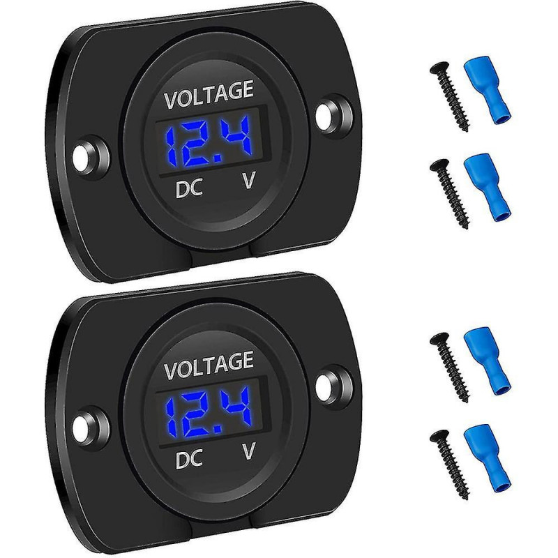 2 Pack DC 12V 24V Voltmeter LED Display Panel, Waterproof Digital Round Panel Voltage Tester Gauge Meter with Terminals