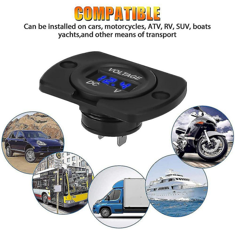 2 Pack DC 12V 24V Voltmeter LED Display Panel, Waterproof Digital Round Panel Voltage Tester Gauge Meter with Terminals