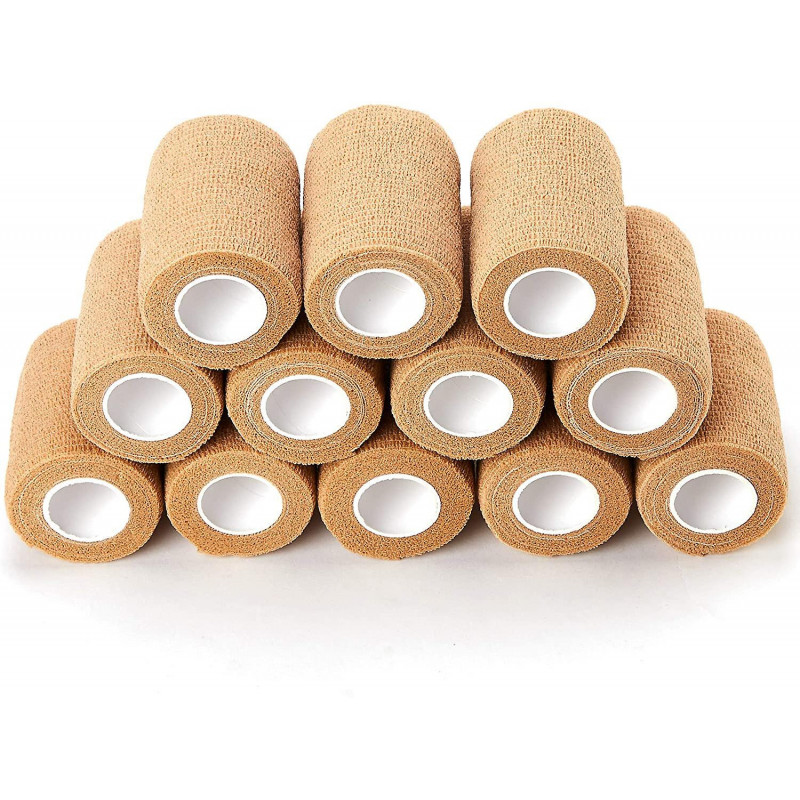 Bandages cohésifs,12 Rouleaux Bandage auto-adhésif Pet Vet Wrap Bandage de soutien élastique (beige)