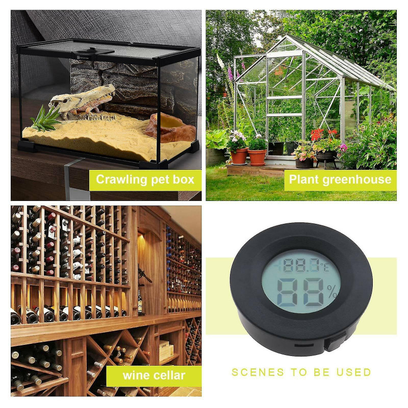 Round Lcd Digital Thermometer Hygrometer For Reptile Breeding Tank(black)(4pcs)