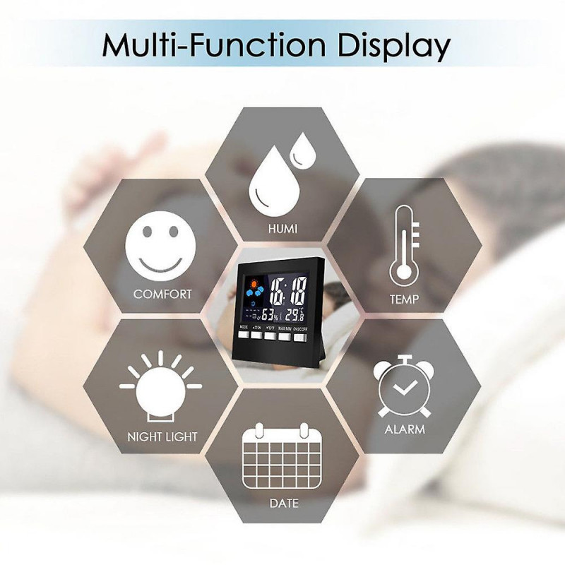 Digital Display Thermometer Humidity Clock Temperature Monitor Alarm