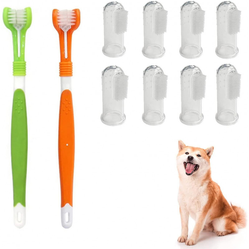 Dog Tooth Cleaner, Pet Toothbrush, 2 Pieces Triple Ko Toothbrush With 8 Pieces Soft Finger Toothbrush Silica Gel, [...]