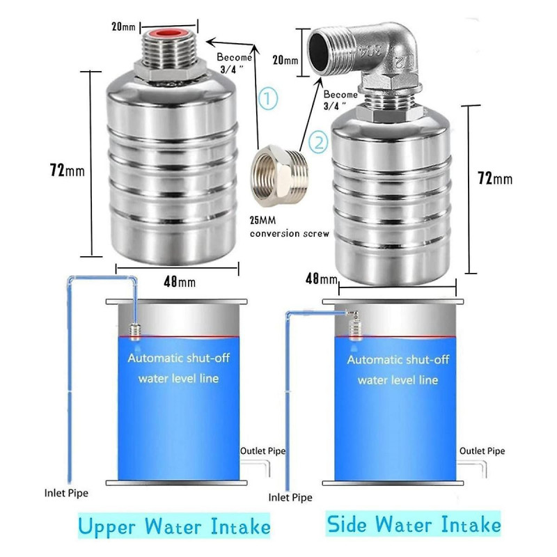 2 Pack 1/2inch 3/4inch Auto Fill Shut Off Water Tank Float Valve, 304 Stainless Steel Water Level C