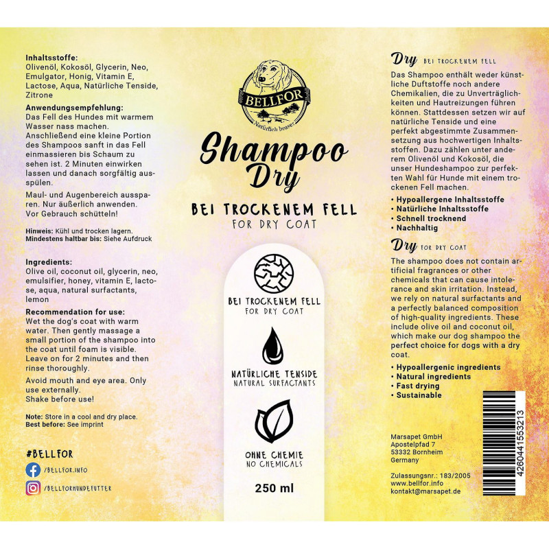 Bellfor Hundeshampoo Dry bei trockenem Fell für Hunde
