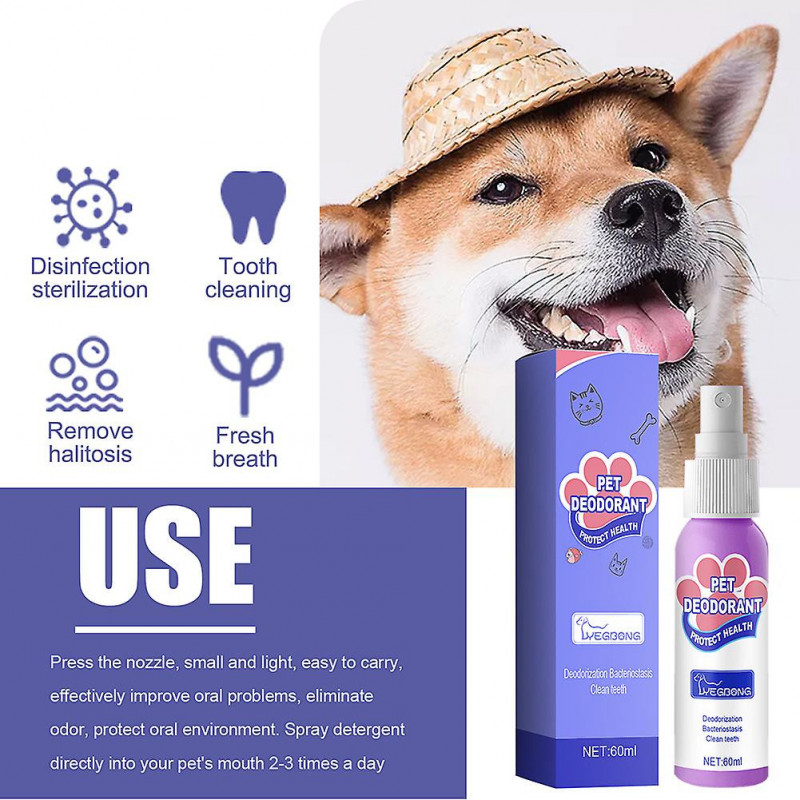 Spray buccal pour animaux de compagnie Nettoyage des dents pour chiens chats Mauvaise haleine Plaque Dentaire 60ml