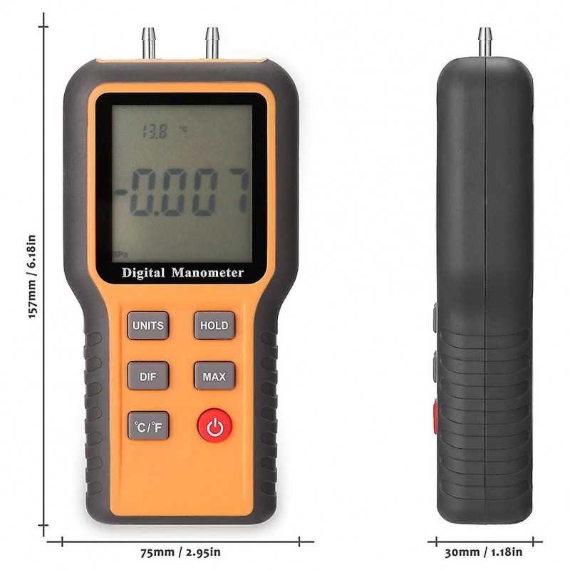 Digital Manometer LCD Display Switchable 12 Pressure Units Adjustable Indoor Temperature Measurement Tool Pipes