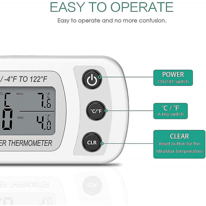 Fridge Thermometer, Ipx3 Waterproof Digital Thermometer For Mini Fridge And Freezer With Hook, Lcd D