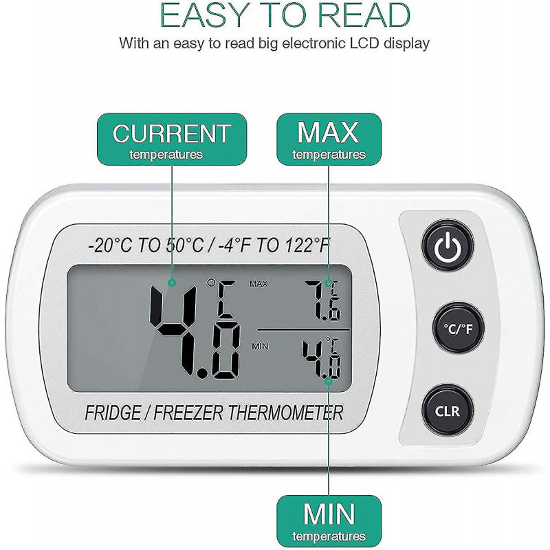 Fridge Thermometer, Ipx3 Waterproof Digital Thermometer For Mini Fridge And Freezer With Hook, Lcd D