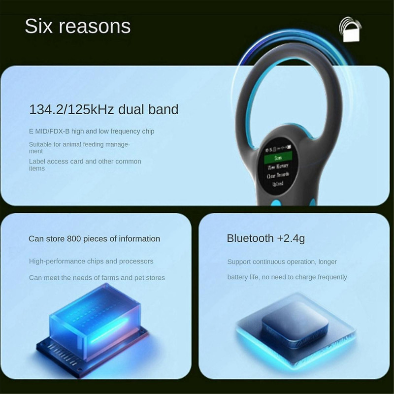 Lecteur de puce d’animal blanc 134.2 / 125KHz Double fréquence stocke 800 données Écran couleur pour chats, chiens [...]