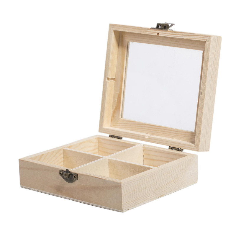 Wooden Tea Bags Storage Box Container With Glass Top 15x13x5cm 4 Sections
