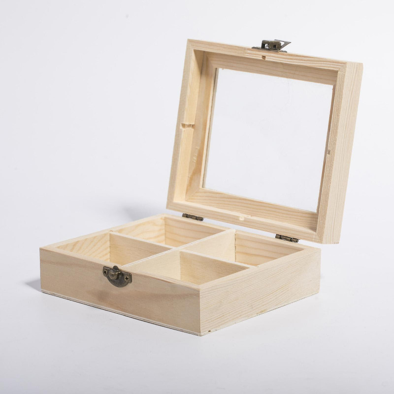 Wooden Tea Bags Storage Box Container With Glass Top 15x13x5cm 4 Sections